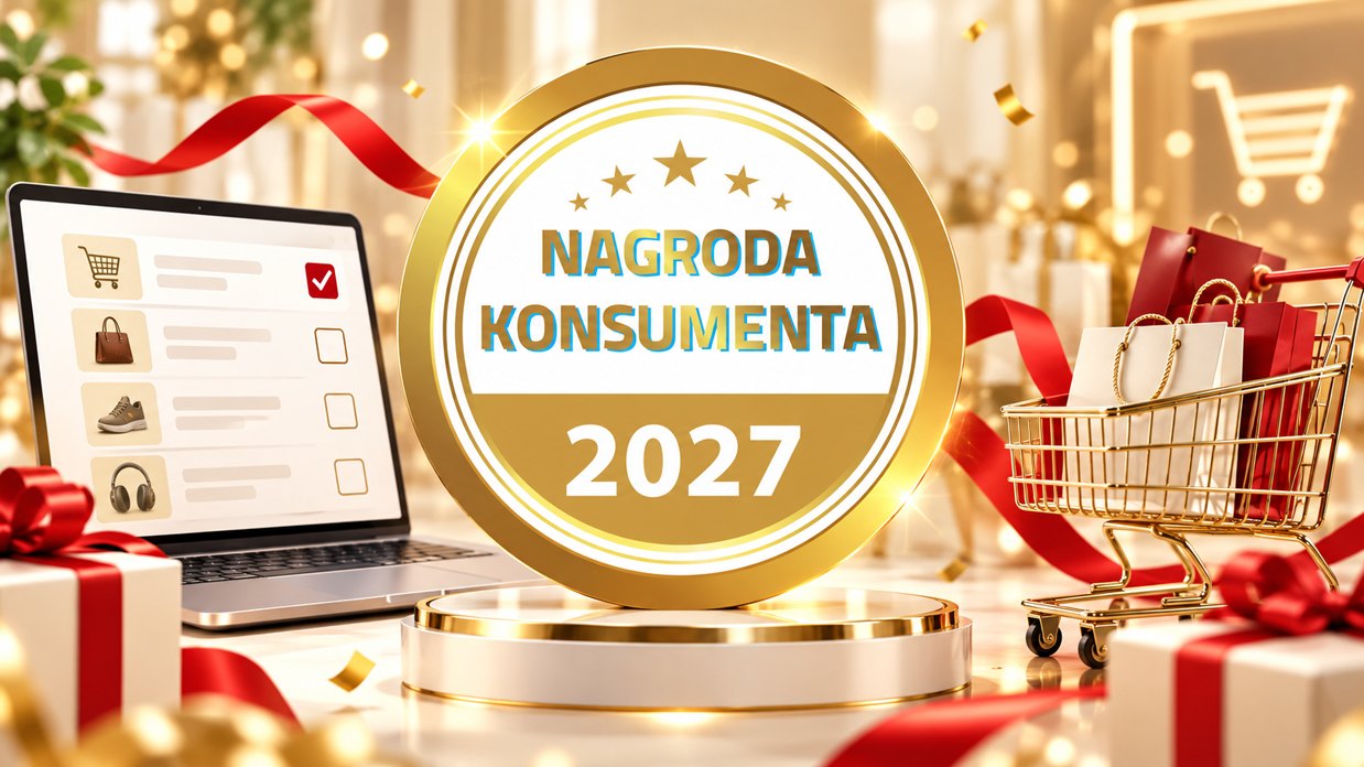 Godło Nagroda Konsumenta obok laptopa z listą do głosowania