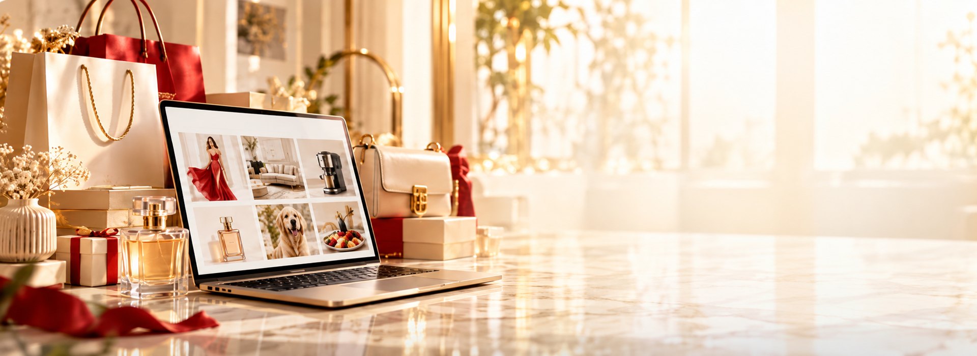 Laptop ze sklepem internetowym, torby zakupowe, perfumy i prezenty